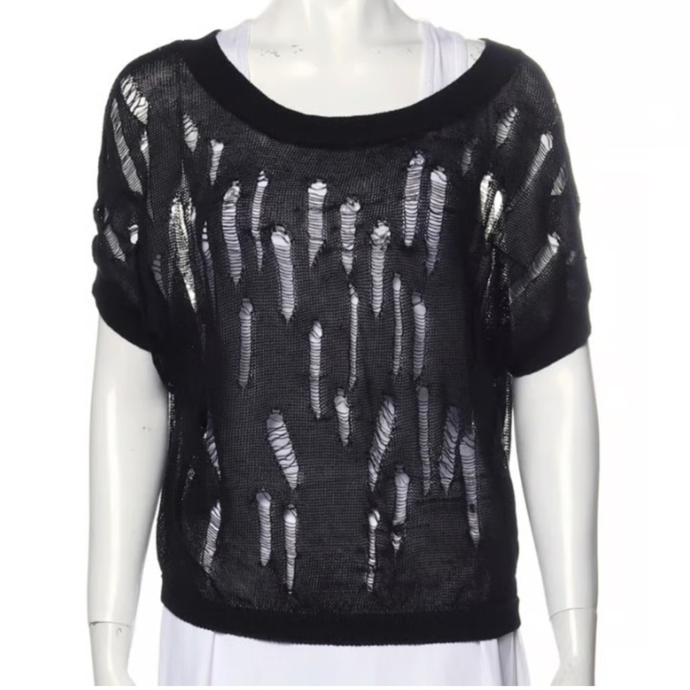 Vince Black linen blend Distressed Crew Neck Sweater; size xs
